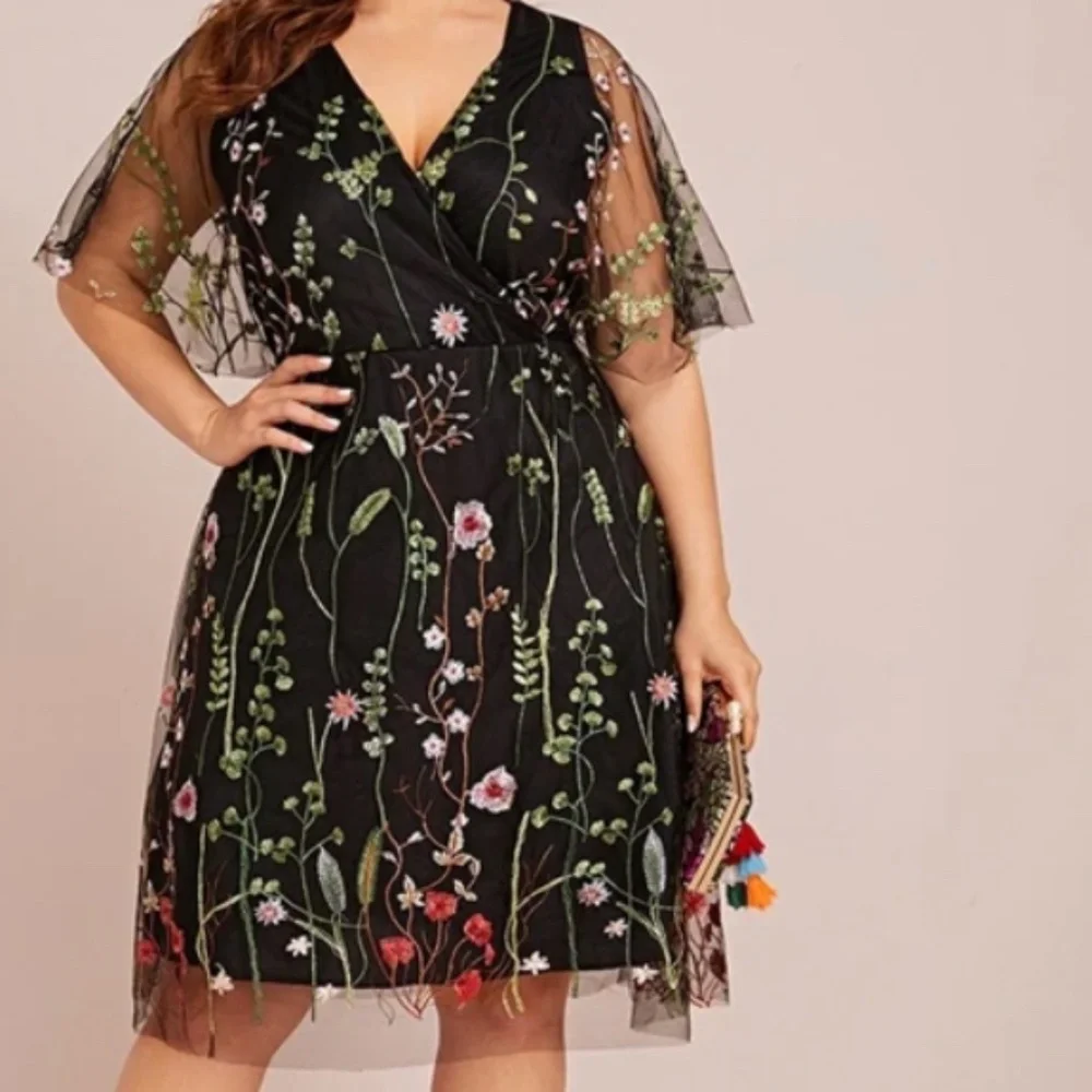 Shein Floral Embroidered Mesh Black Dress Size 1XL